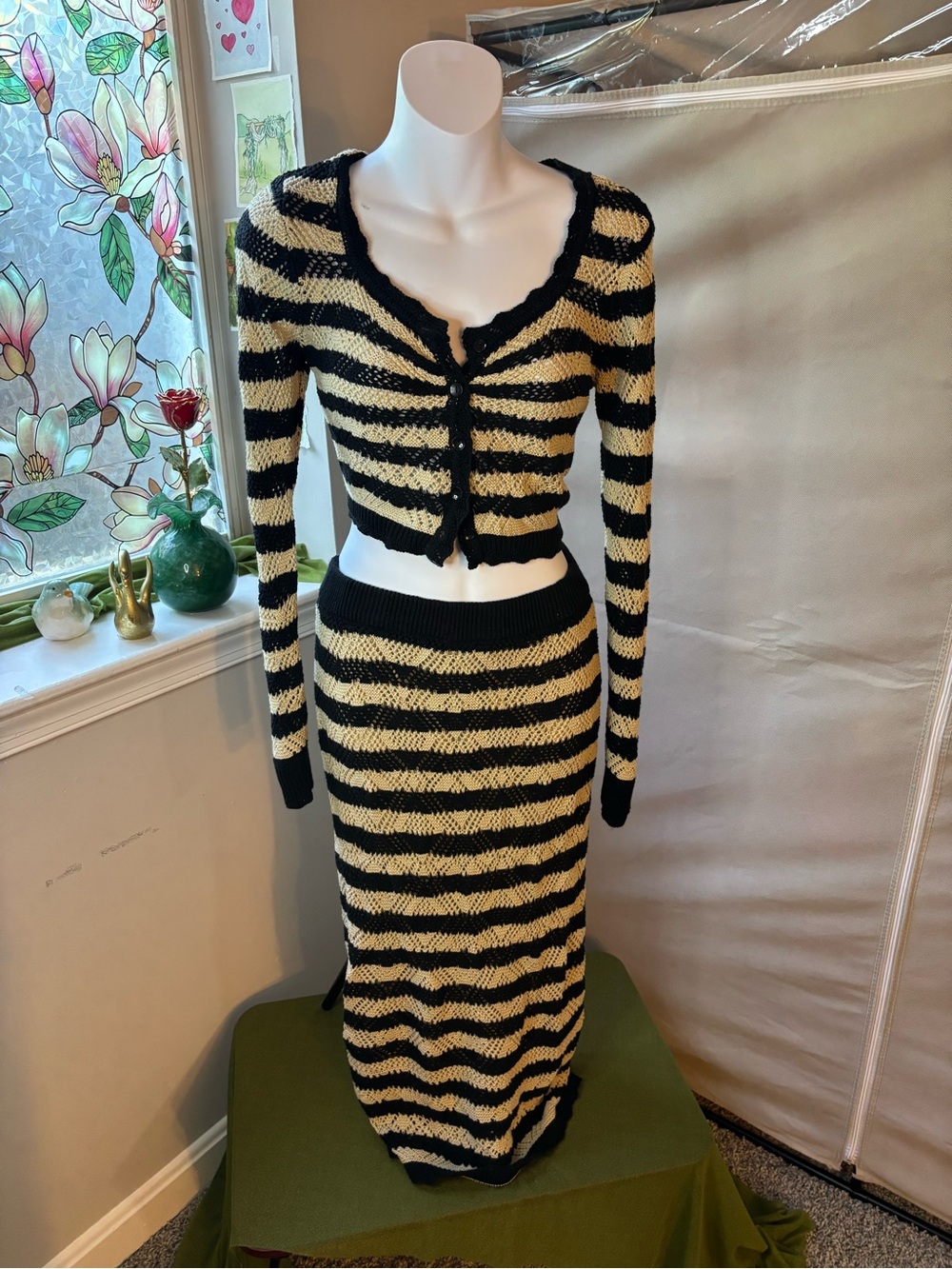 Striped Black and Cream Maxi Knit Skirt Set